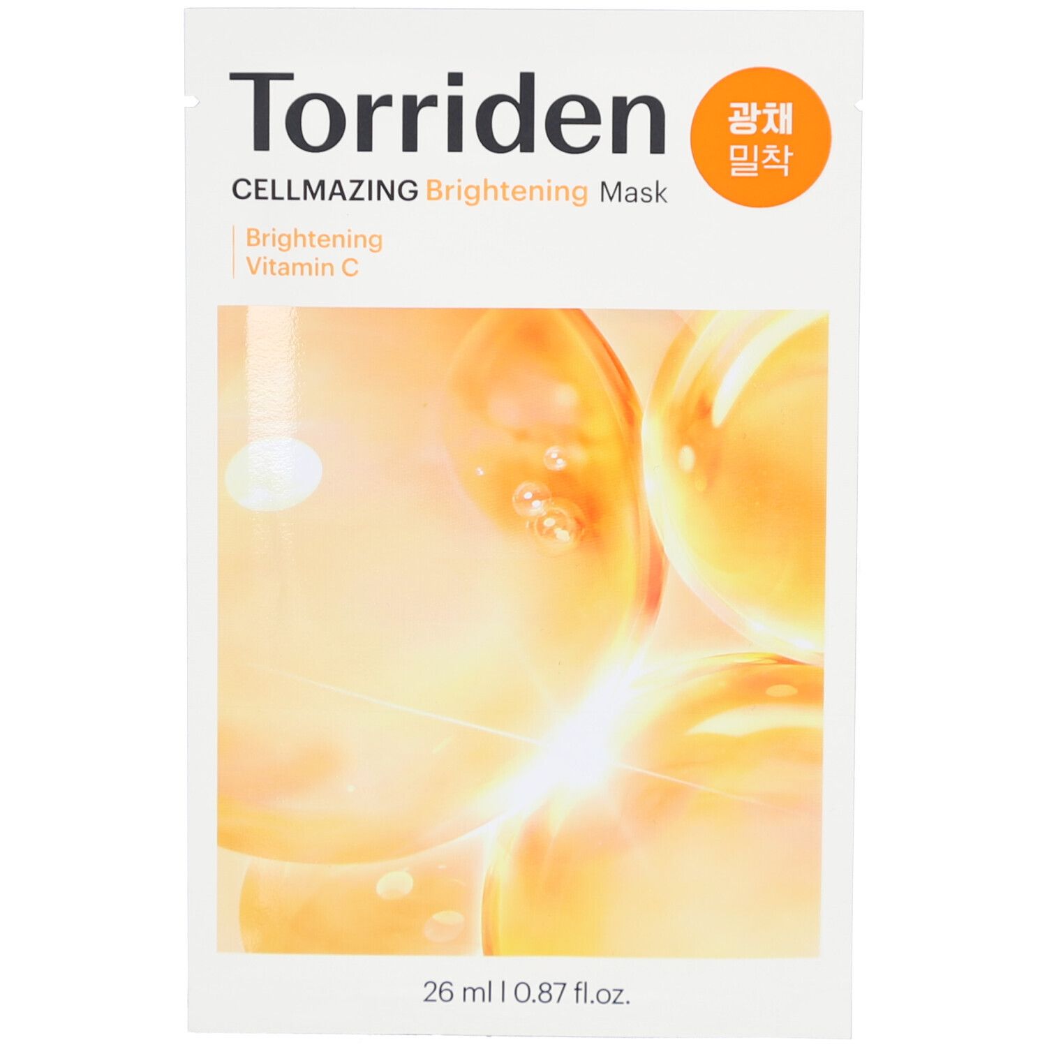 Masque facial TORRIDEN. Emballage blanc avec nom et ingrédients. Illustration de bulles jaunes. 26 ml.