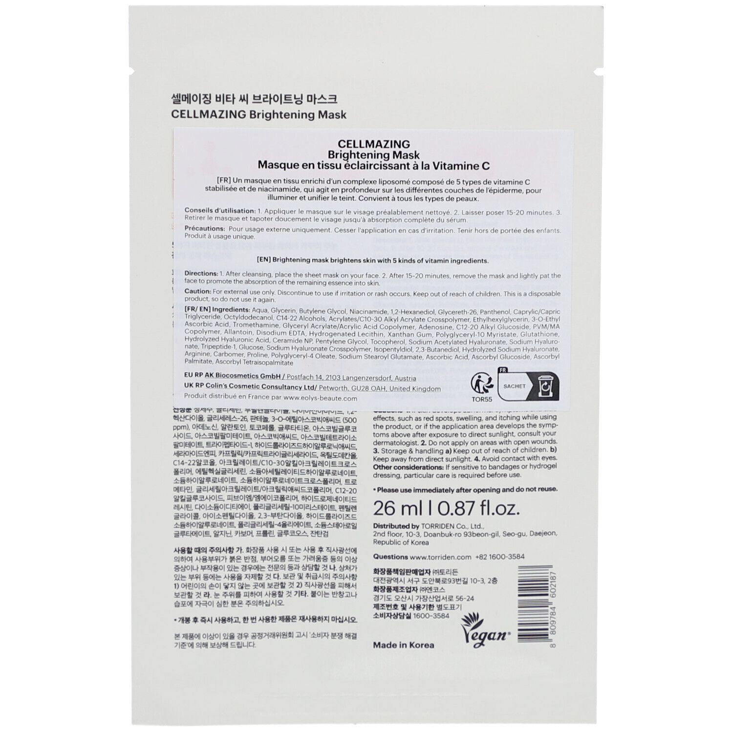 Dos du masque facial TORRIDEN. Texte multilingue. Ingrédients, instructions d'utilisation et informations du fabricant.