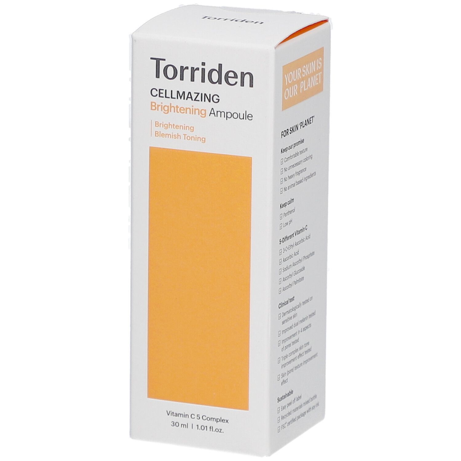 Boîte blanche avec zone orange. Inscription : Torriden, CELLMAZING Brightening Ampoule. Contient de la vitamine C.