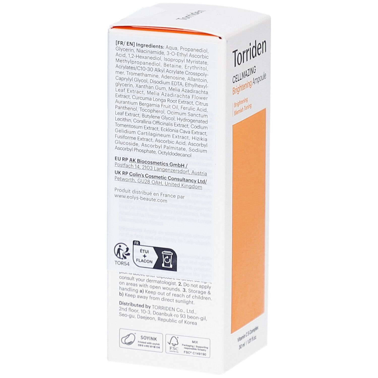 Dos de l'emballage. Contient les ingrédients, les informations du fabricant et les instructions d'utilisation.