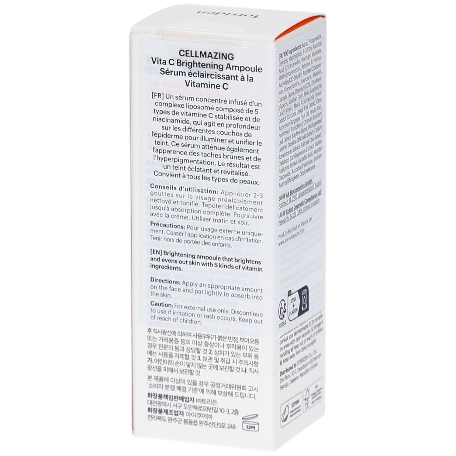 Emballage avec texte en anglais et français. Décrit les ingrédients et l'utilisation du produit.