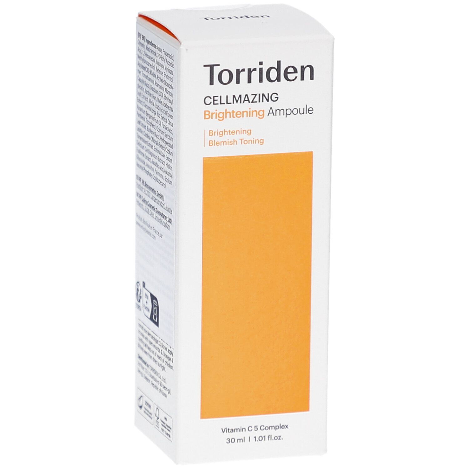 Boîte blanche avec zone orange. Inscription : Torriden, CELLMAZING Brightening Ampoule. Contient de la vitamine C.