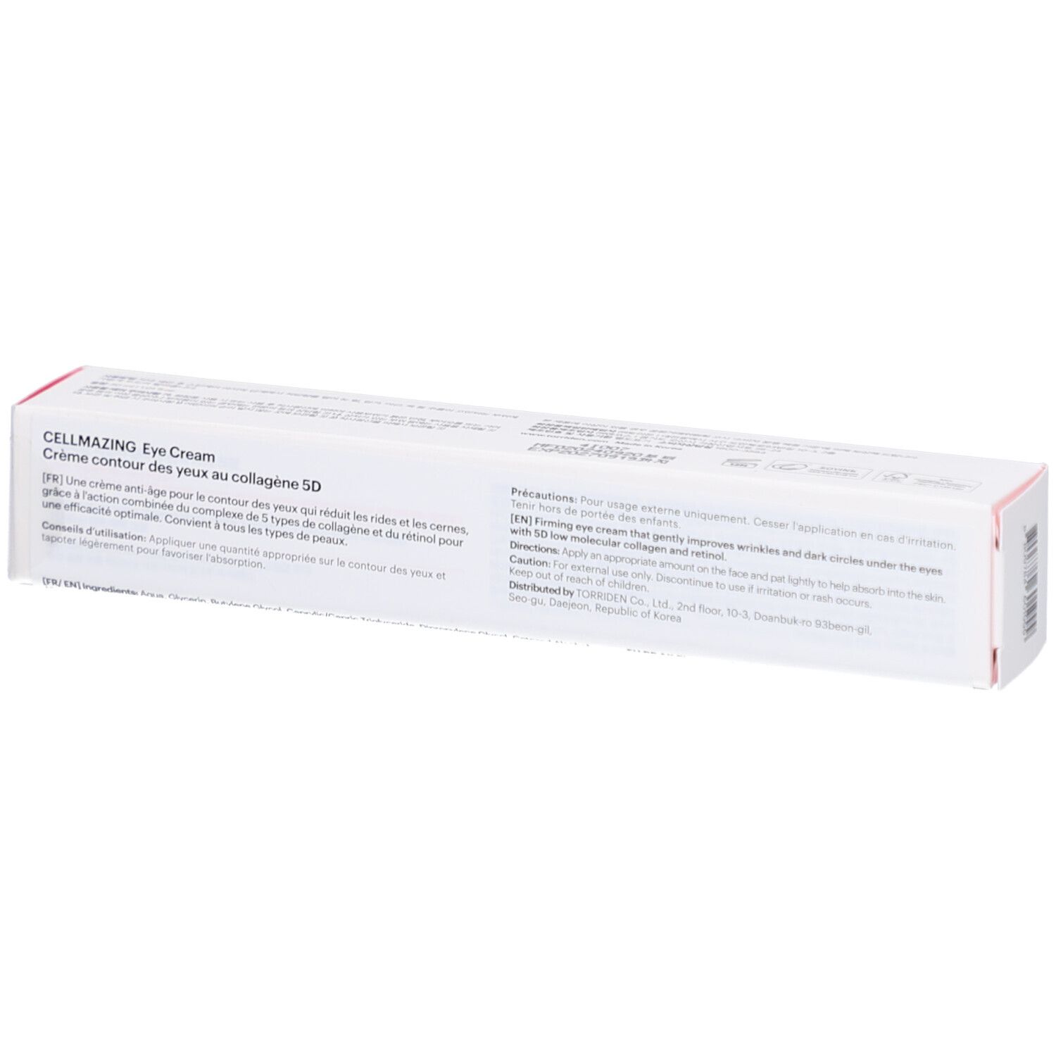 Emballage blanc avec texte. Inscription: CELLMAZING Eye Cream. Crème contour des yeux au collagène 5D. Texte multilingue.