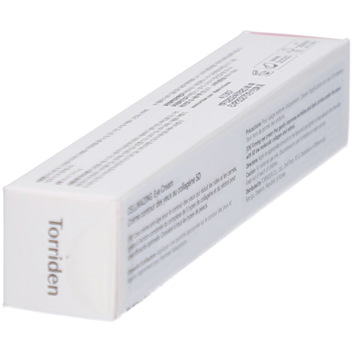 Emballage blanc avec texte. Inscription: CELLMAZING Eye Cream. Crème contour des yeux au collagène 5D. Texte multilingue.