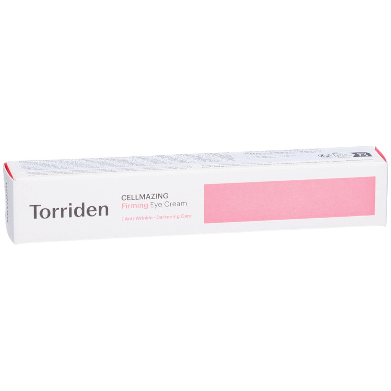 Emballage blanc avec accent rose. Inscription: Torriden, CELLMAZING Firming Eye Cream. Anti-rides, soin éclaircissant.