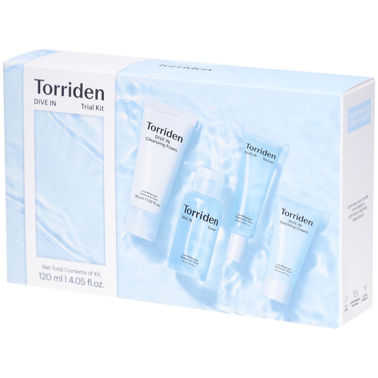 Boîte bleue claire Torriden Dive In Trial Kit. Contient quatre produits. Inscription : Torriden, Dive In Trial Kit, 120 ml.
