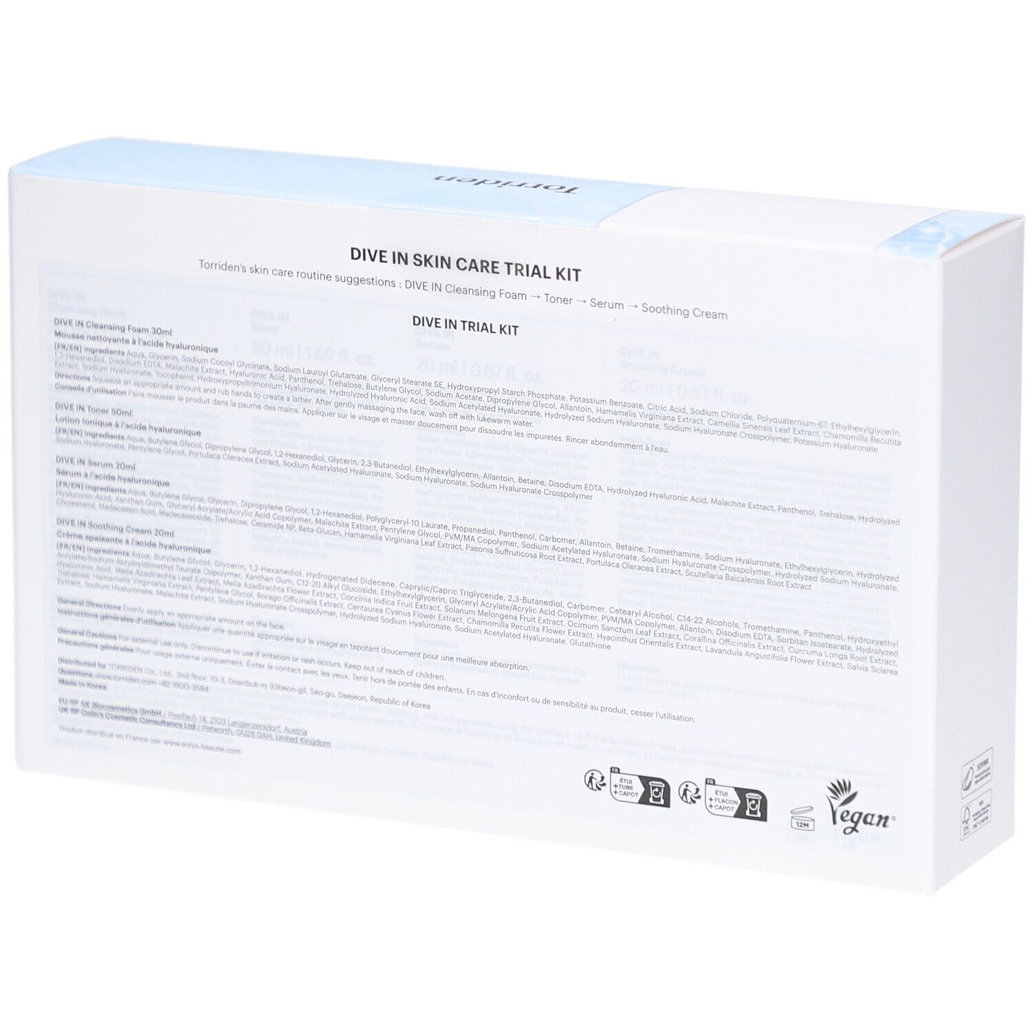 Dos de l'emballage du Torriden Dive In Trial Kit. Texte multilingue. Label végétalien.