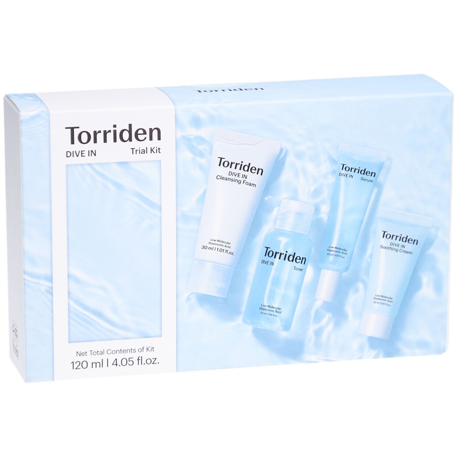 Boîte bleue claire Torriden Dive In Trial Kit. Contient quatre produits. Inscription : Torriden, Dive In Trial Kit, 120 ml.
