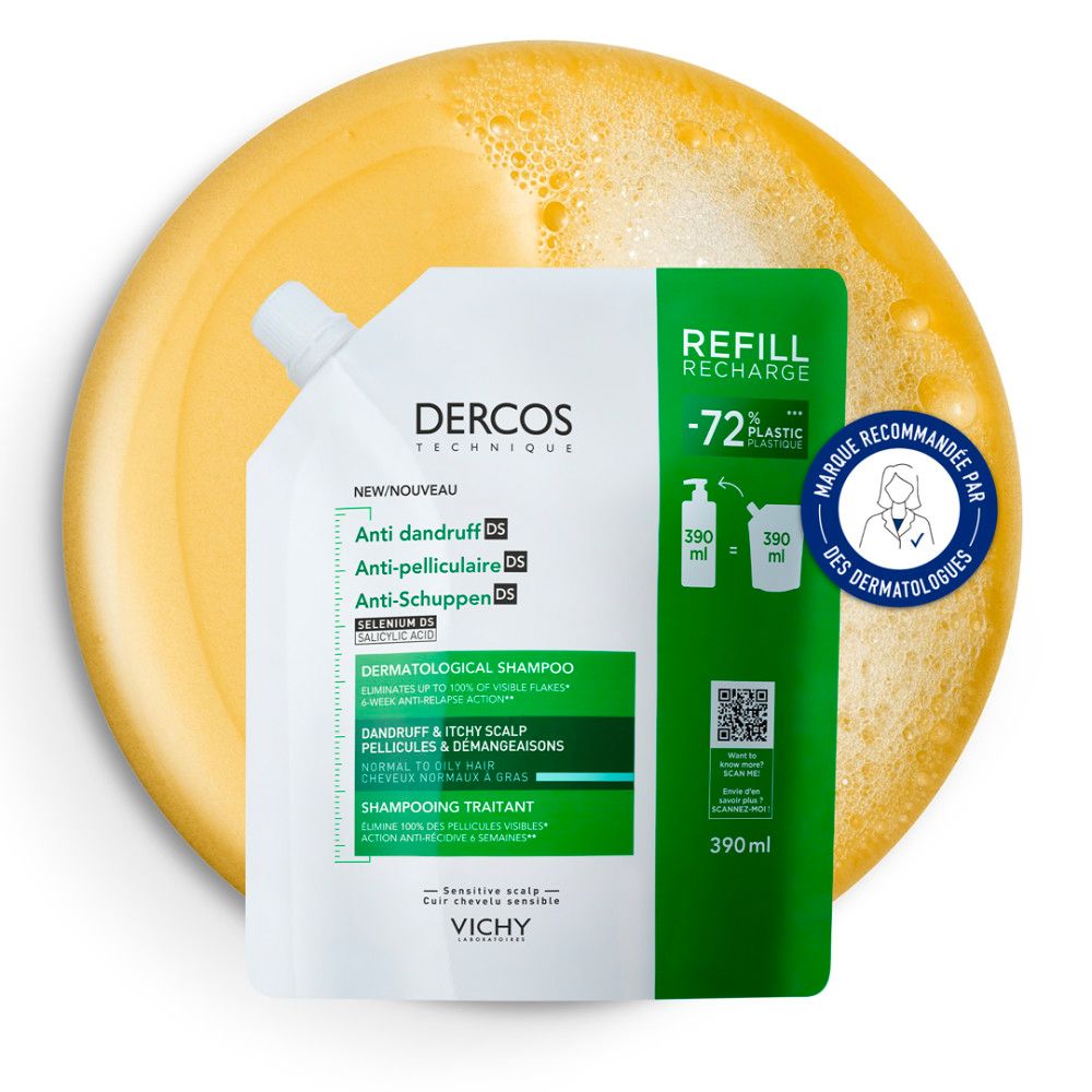 Recharge de shampooing Dercos Anti-pelliculaire. Beutel blanc et vert. Recommandé par les dermatologues. Fond jaune.