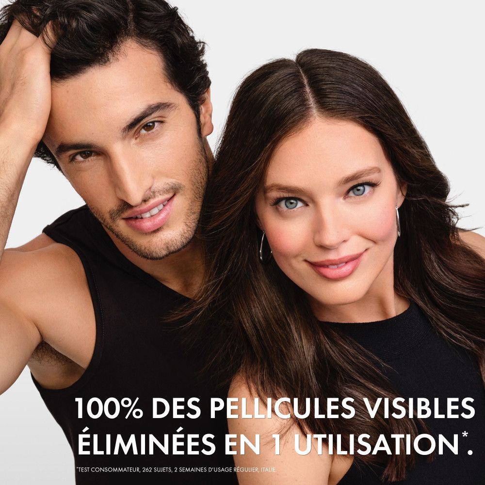 Deux personnes avec des cheveux brillants. Texte: 100% des pellicules visibles éliminées en 1 utilisation.