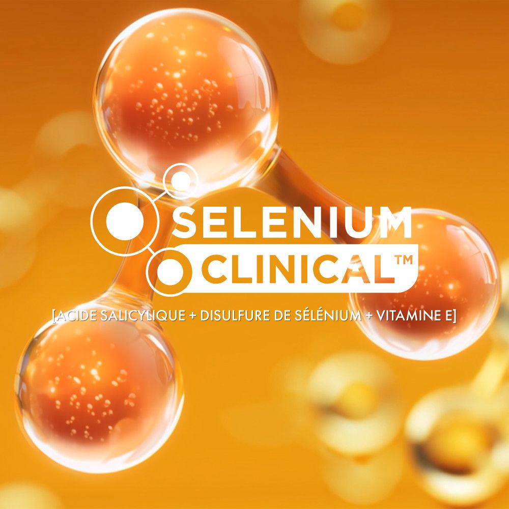 Modèle moléculaire avec texte: Selenium Clinical. Contient acide salicylique, disulfure de sélénium et vitamine E.