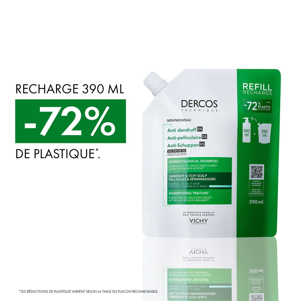Recharge avec texte: -72% de plastique. 390 ml. Marque Dercos.
