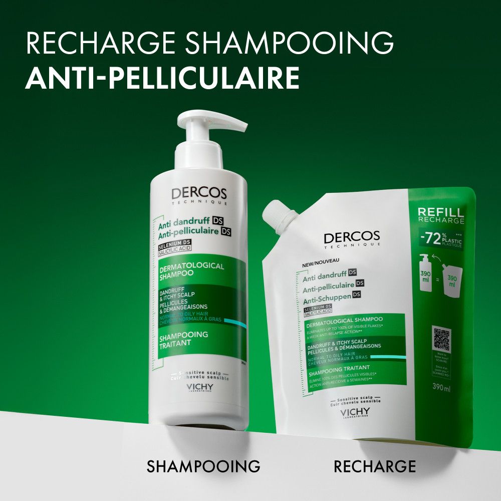 Flacon de shampooing et recharge. Texte: Recharge. Shampooing anti-pelliculaire. Marque Dercos.