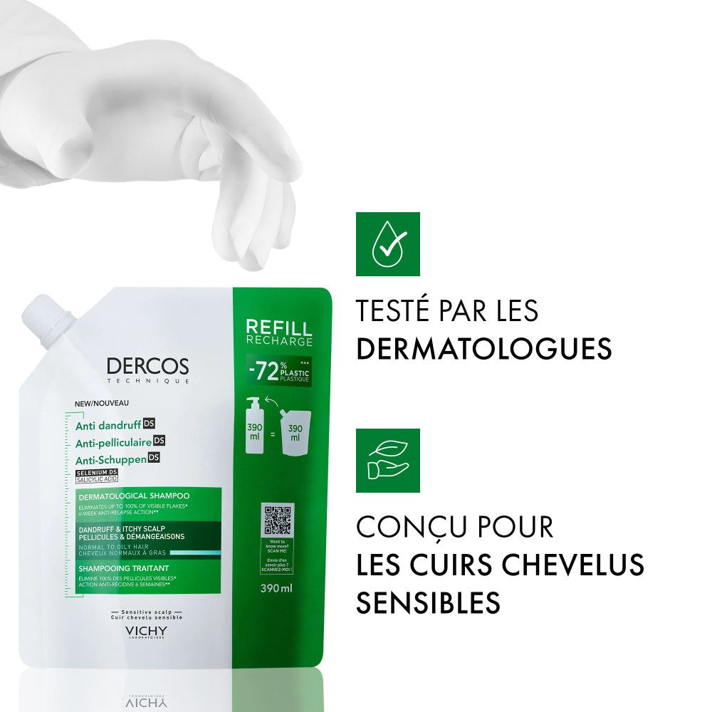Recharge. Texte: Testé par les dermatologues. Conçu pour les cuirs chevelus sensibles.