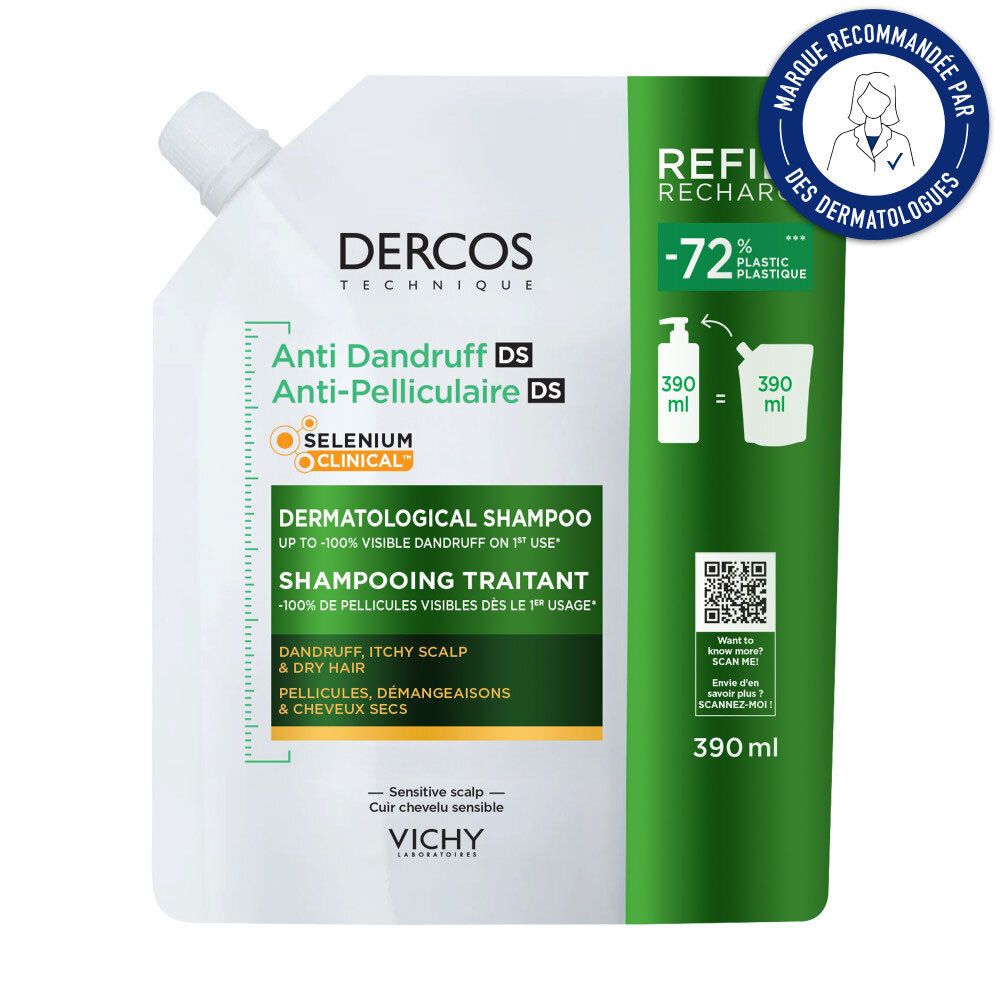 Recharge Dercos Shampooing Anti-Pelliculaire Cheveux Secs, 390 ml.