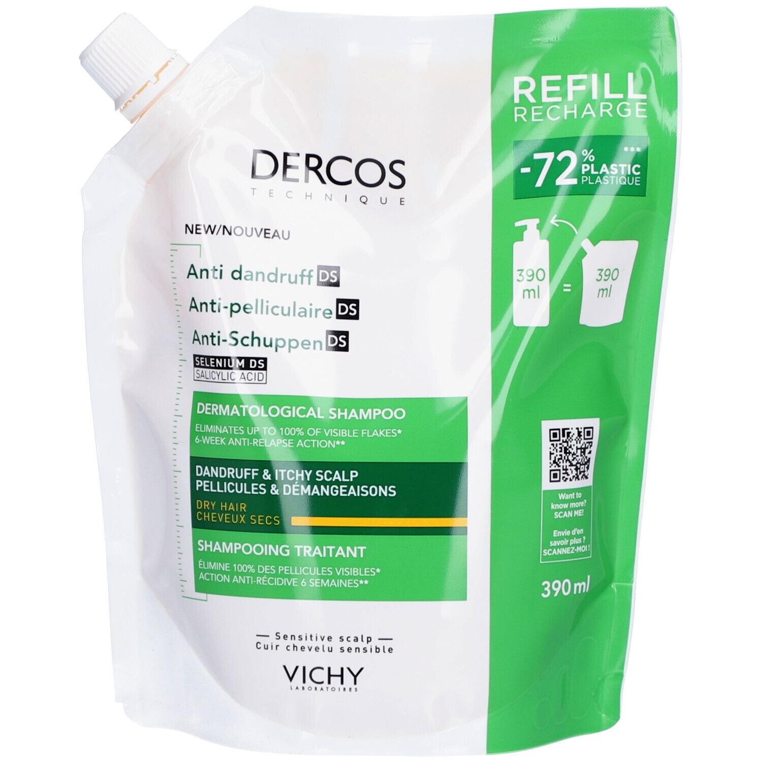VICHY Dercos Shampooing Anti-Pelliculaire Cheveux Secs  Eco-Recharge