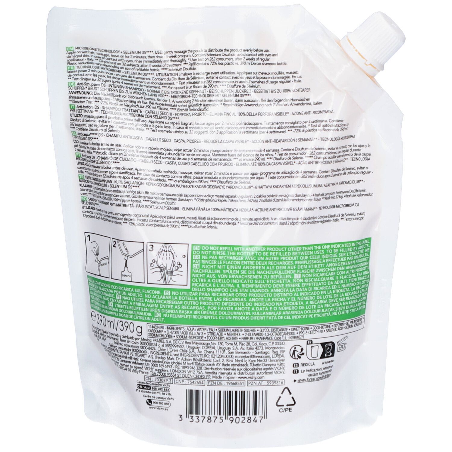 VICHY Dercos Shampooing Anti-Pelliculaire Cheveux Secs  Eco-Recharge