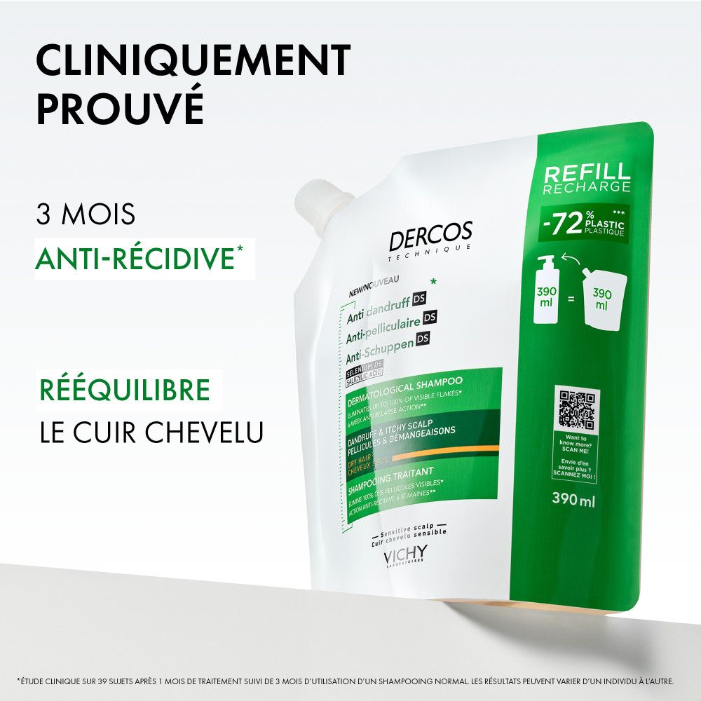 Recharge Dercos, emballage vert. Texte : Anti-pelliculaire, 72% de plastique en moins. Cliniquement prouvé. 3 mois anti-récidive.