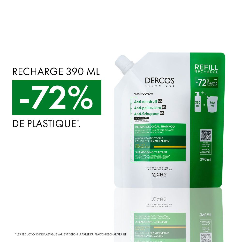 Recharge, emballage vert. Texte : Dercos, Anti-pelliculaire, -72% de plastique. 390 ml.