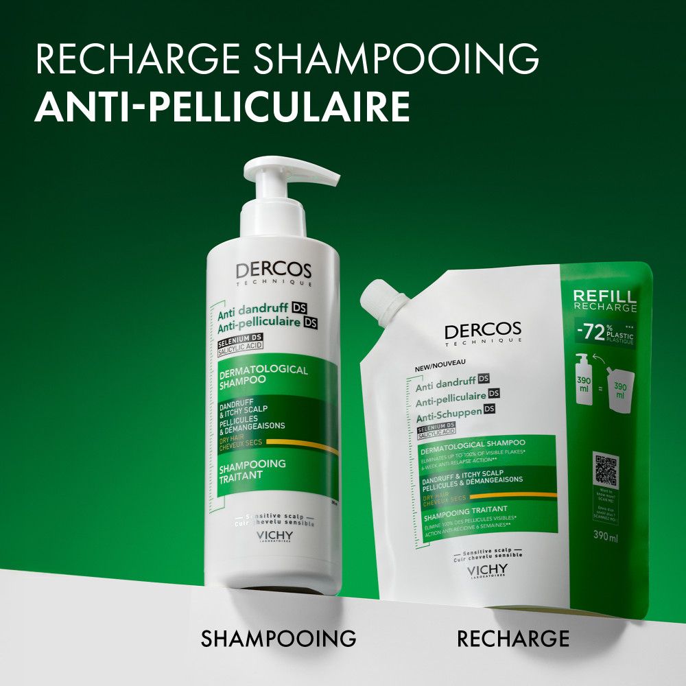Deux produits côte à côte. À gauche : flacon de shampooing. À droite : recharge. Texte : Dercos, Anti-pelliculaire, recharge.
