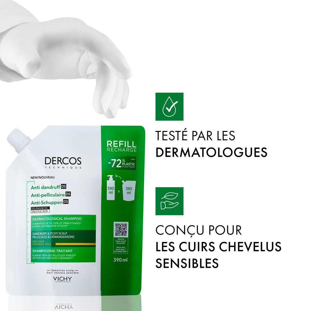 Recharge, emballage vert. Texte : Dercos, Anti-pelliculaire, -72% plastique. Testé par dermatologues. Pour cuirs chevelus sensibles.