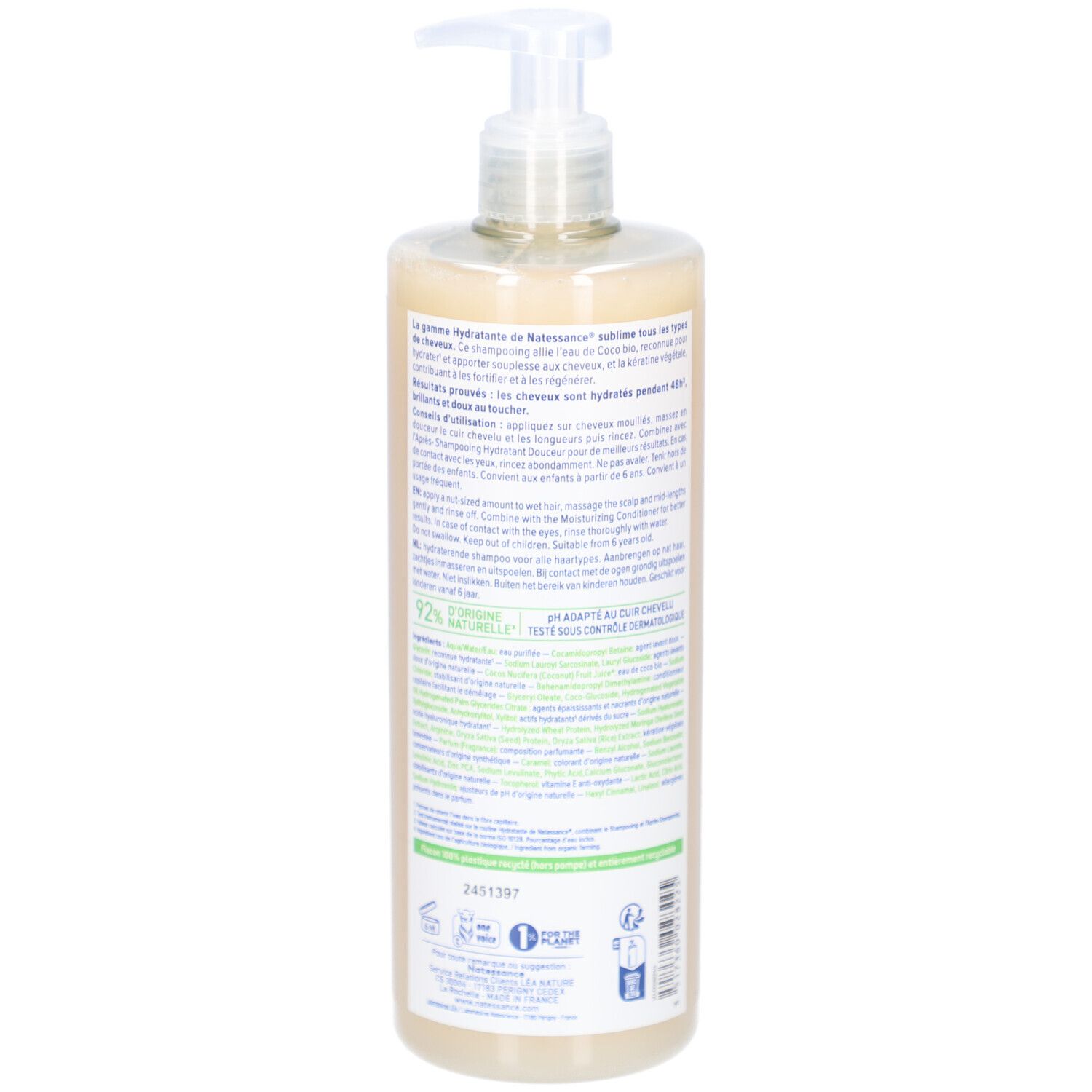 Dos du flacon de shampooing NATESSANCE Hydratant Douceur Coco. Texte en français. Avec pompe.