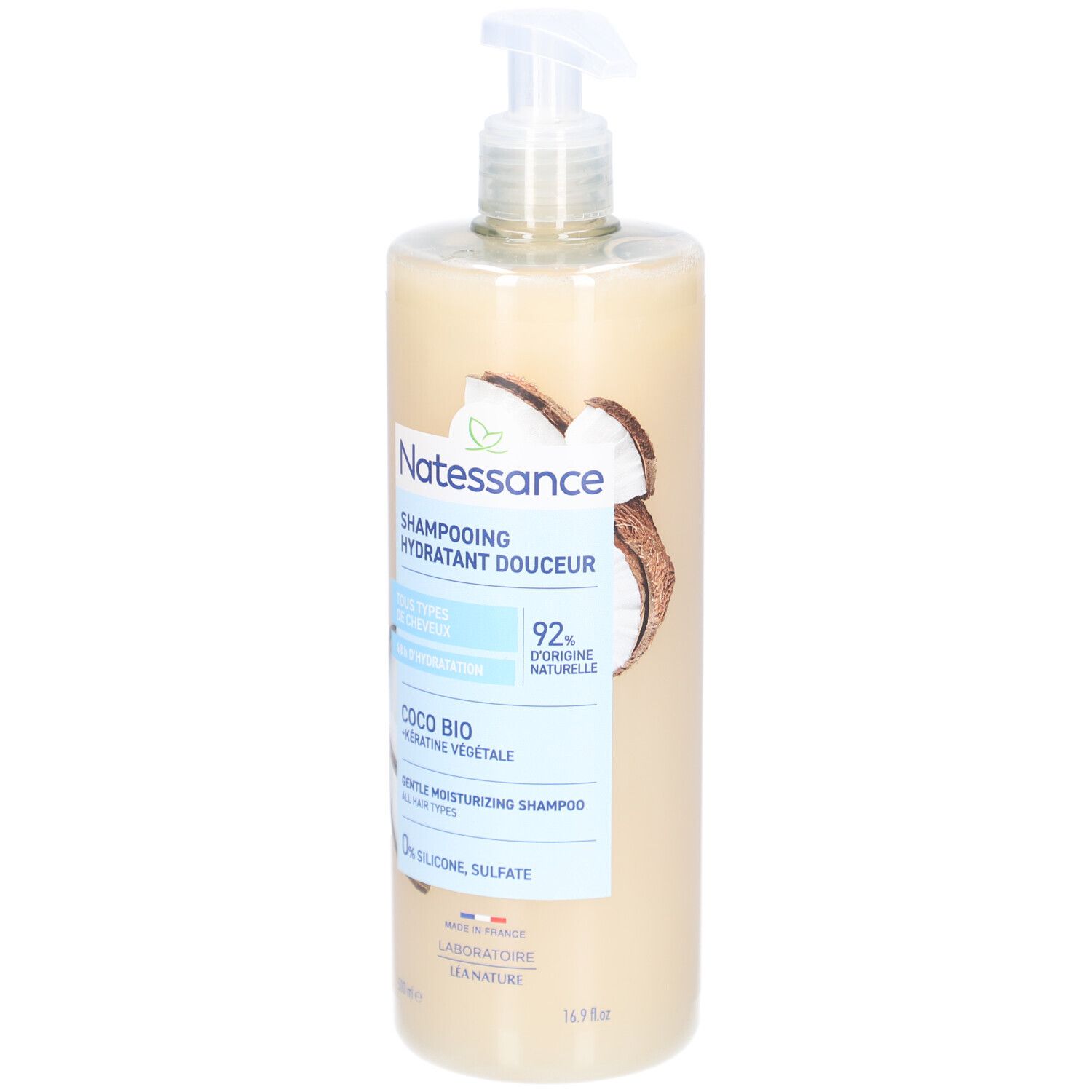 Flacon de shampooing NATESSANCE Hydratant Douceur Coco avec pompe. Inscription: Coco Bio, 92% d'ingrédients naturels.