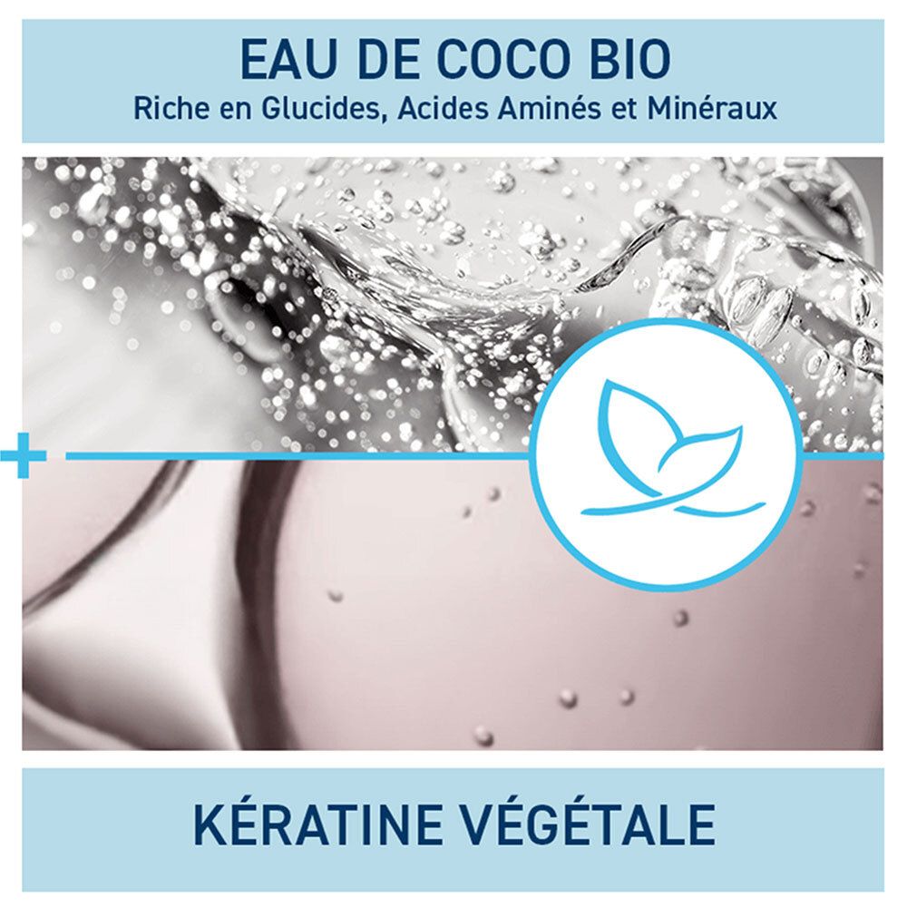 Gros plan : texte sur l'eau de coco et la kératine végétale. Logo avec feuille. Texte : Riche en glucides, acides aminés et minéraux.