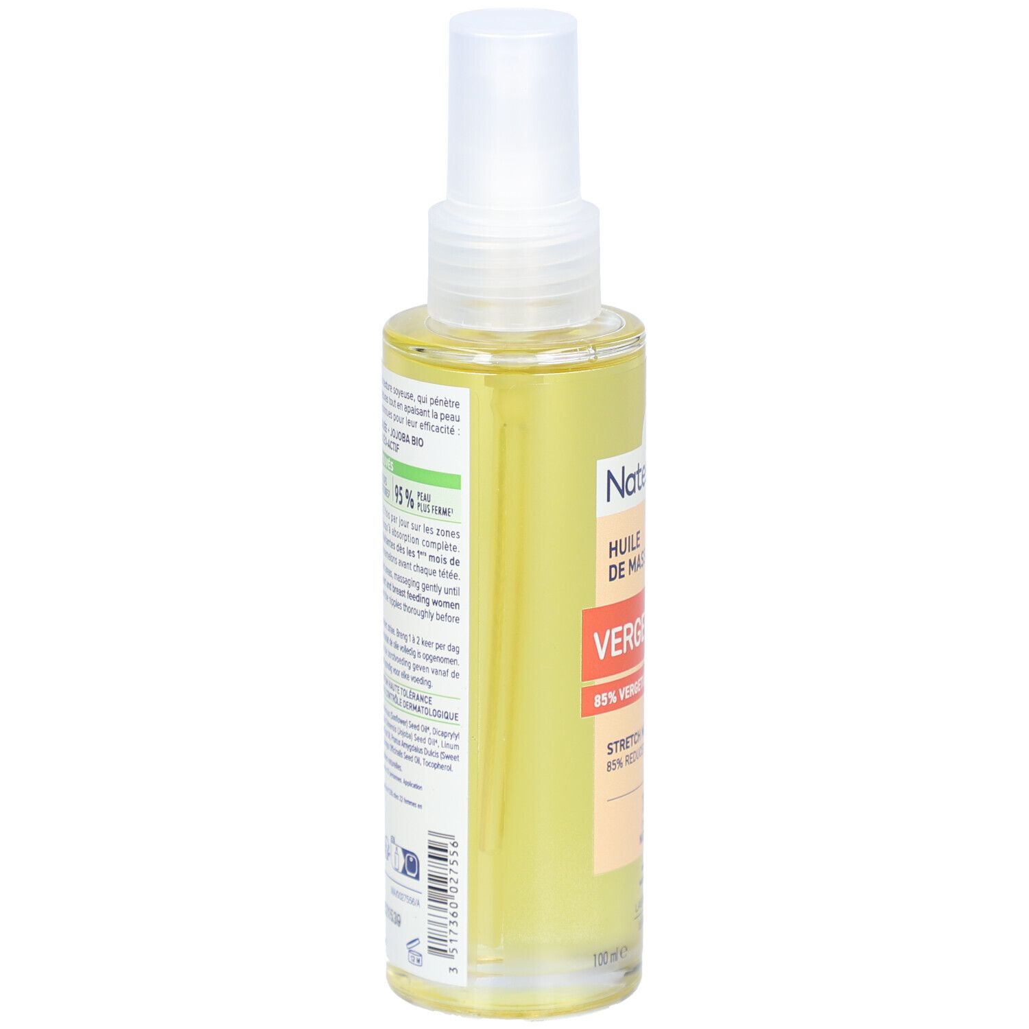 Flacon de produit liquide avec vaporisateur. Étiquette avec texte et informations. Dos avec texte.