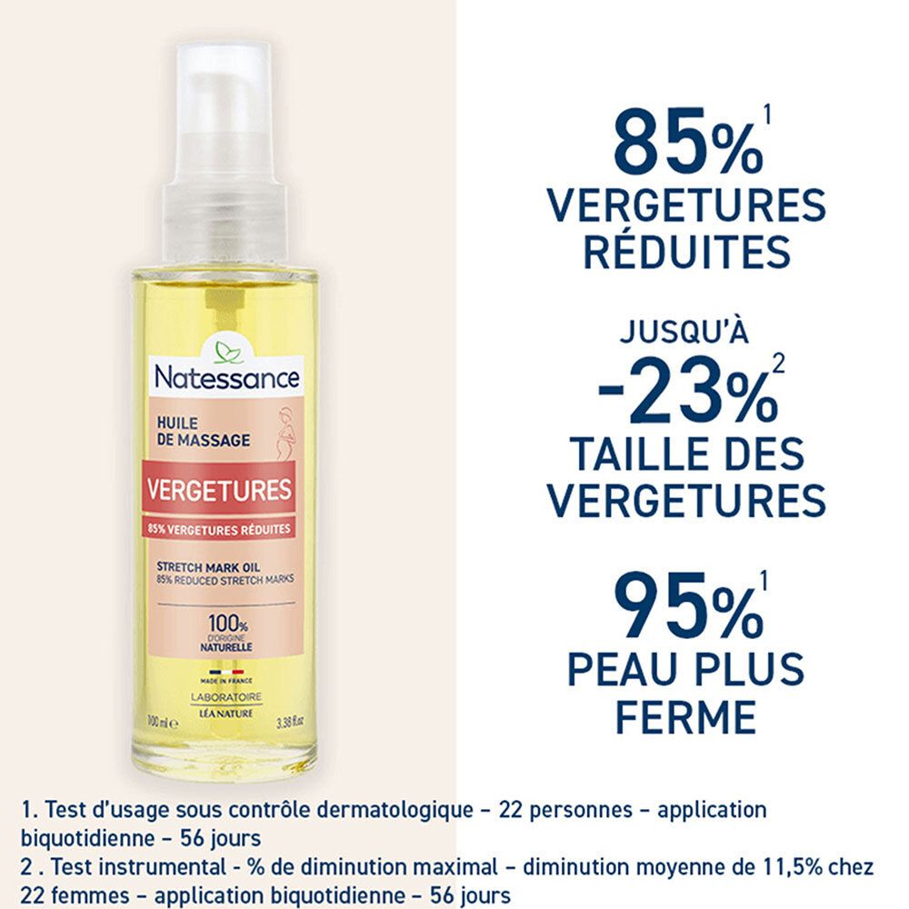 Flacon spray de liquide jaunâtre. Texte: 85% Vergetures Réduites, Jusqu'à -23% Taille des Vergetures, 95% Peau plus ferme.