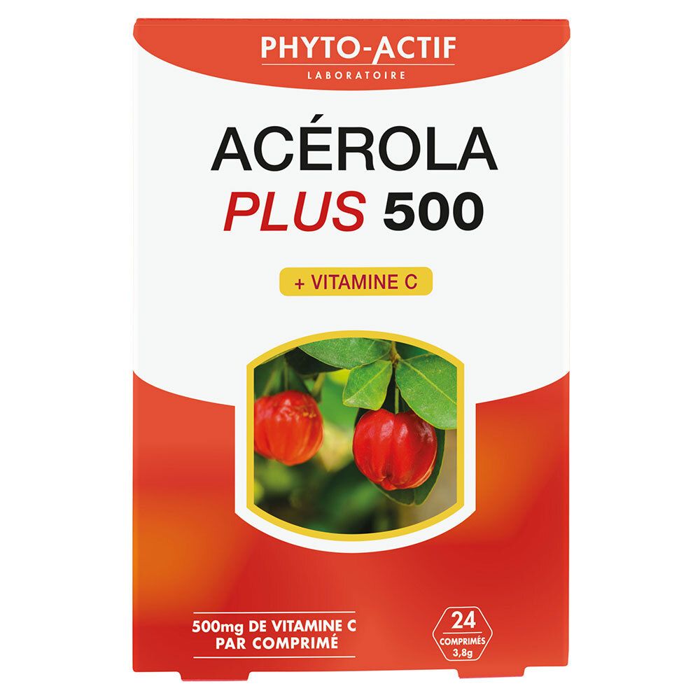 Boîte PHYTO-ACTIF Acerola Plus 500. Emballage rouge et blanc. Image de cerises acérola. Contient de la vitamine C. 24 comprimés.