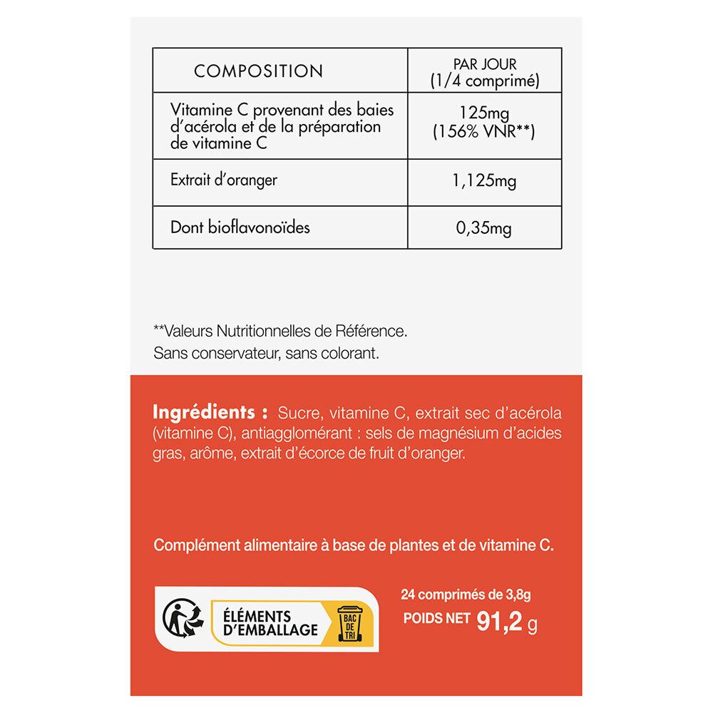 Dos de la boîte PHYTO-ACTIF Acerola Plus 500. Liste des ingrédients et informations nutritionnelles. 24 comprimés, 91,2g. Éléments d'emballage.