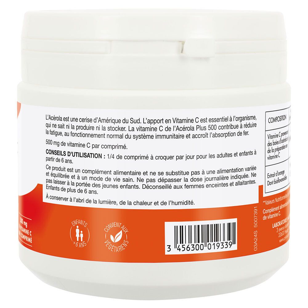 Dos du pot blanc. Étiquette rouge avec informations produit, mode d'emploi et code-barres.