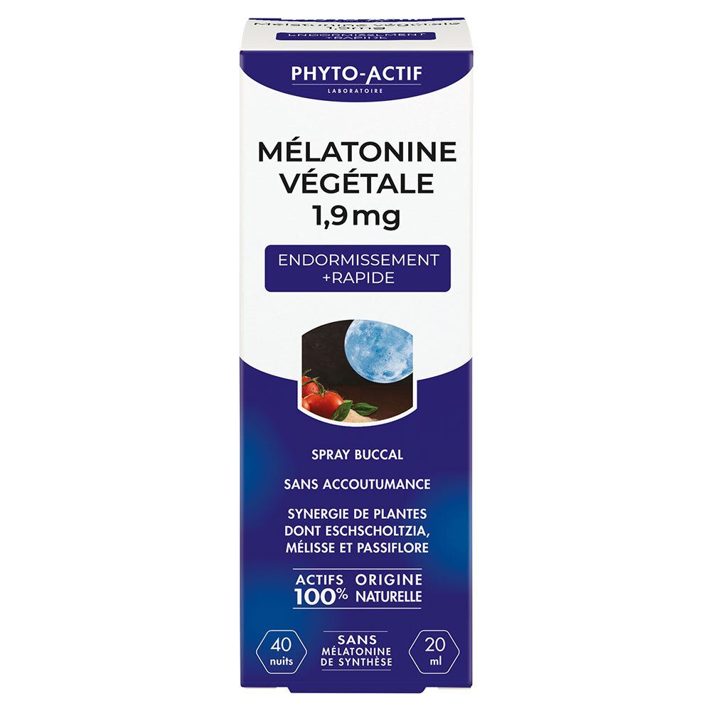 Emballage blanc et bleu. Nom du produit : Mélatonine végétale 1,9 mg. Texte : Endormissement + Rapide. Spray buccal. 20 ml.