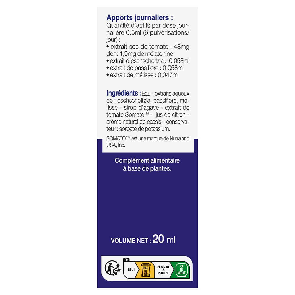 Emballage bleu avec texte. Contient des informations sur les ingrédients et les quantités quotidiennes. Volume : 20 ml. Marque SOMATO.