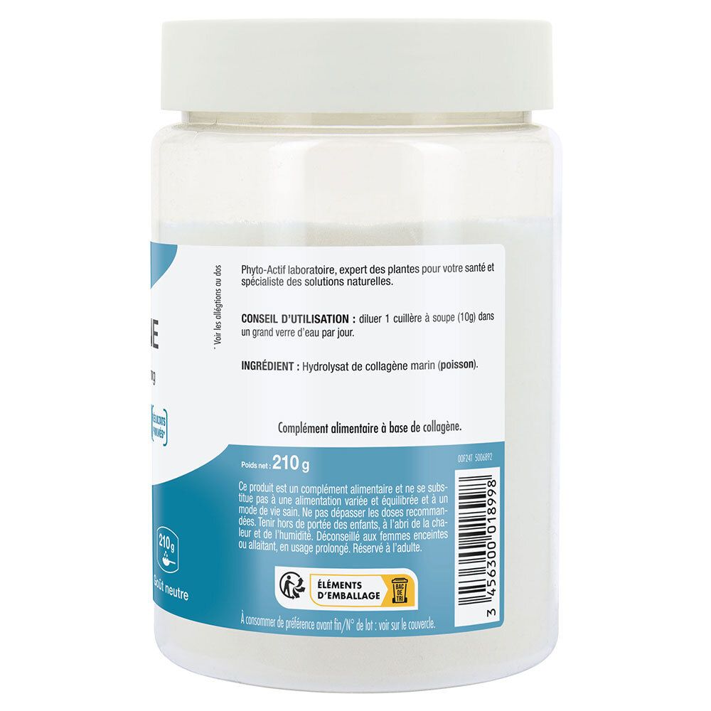 Dos du pot de supplément blanc. Texte en français. Étiquette bleue avec texte.