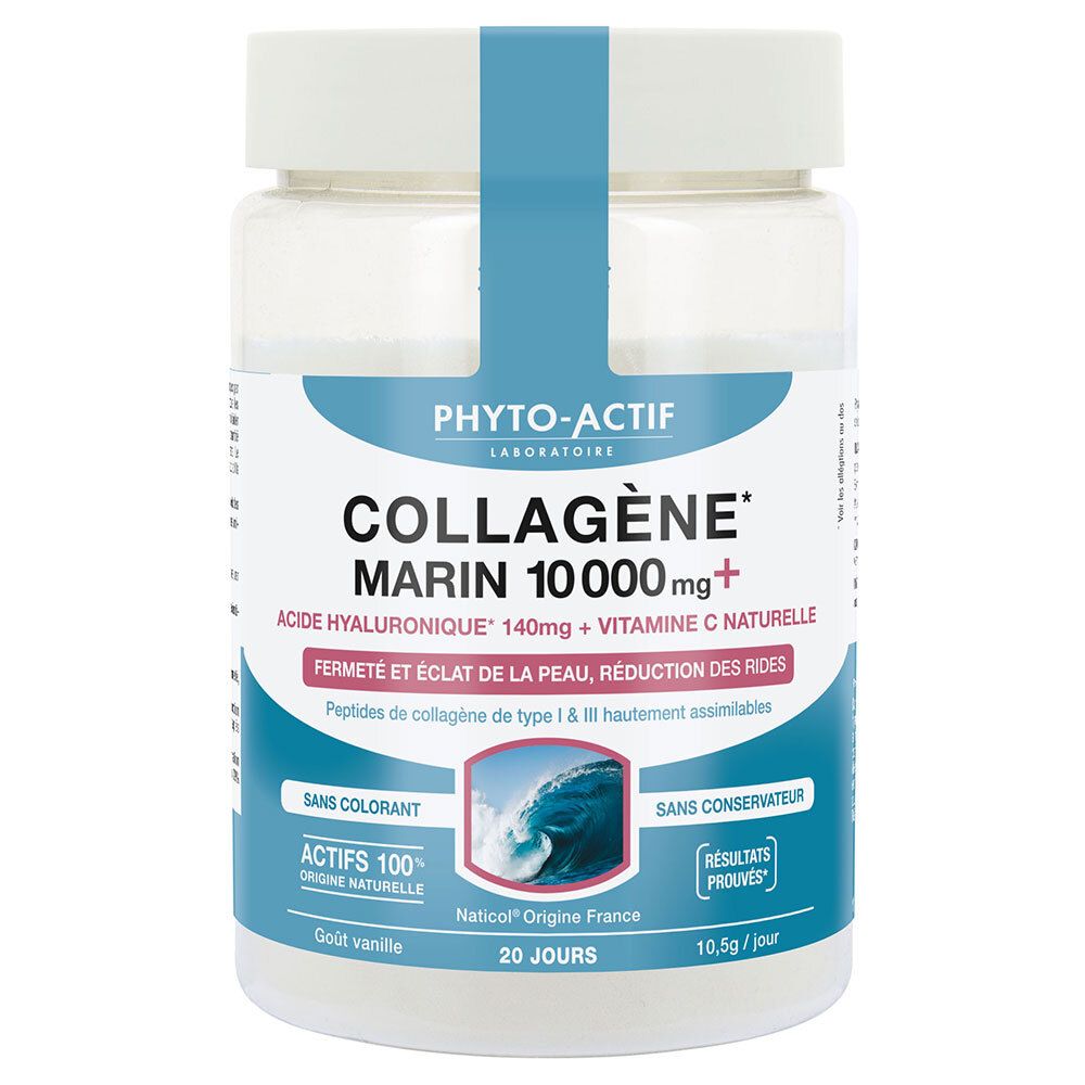 Pot de PHYTO-ACTIF Collagène Marin. Inscription : Collagène Marin 10000 mg + Vitamine C. Emballage bleu et blanc.