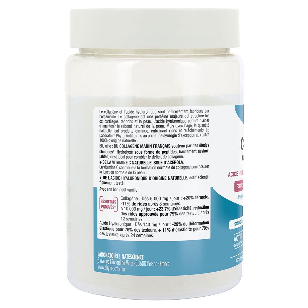 Dos du pot avec texte. Contient des informations sur les ingrédients et les résultats. Texte en français.