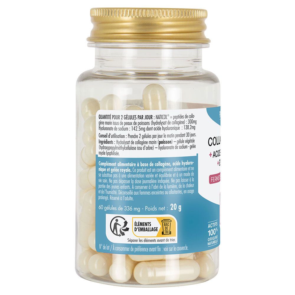 Dos du flacon. Informations textuelles. Contient 60 gélules. Inscription: Collagène Marin, Acide Hyaluronique, Gelée Royale.