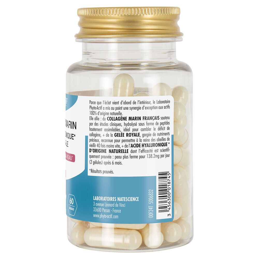 Dos du flacon. Informations textuelles. Contient 60 gélules. Inscription: Collagène Marin, Acide Hyaluronique, Gelée Royale.