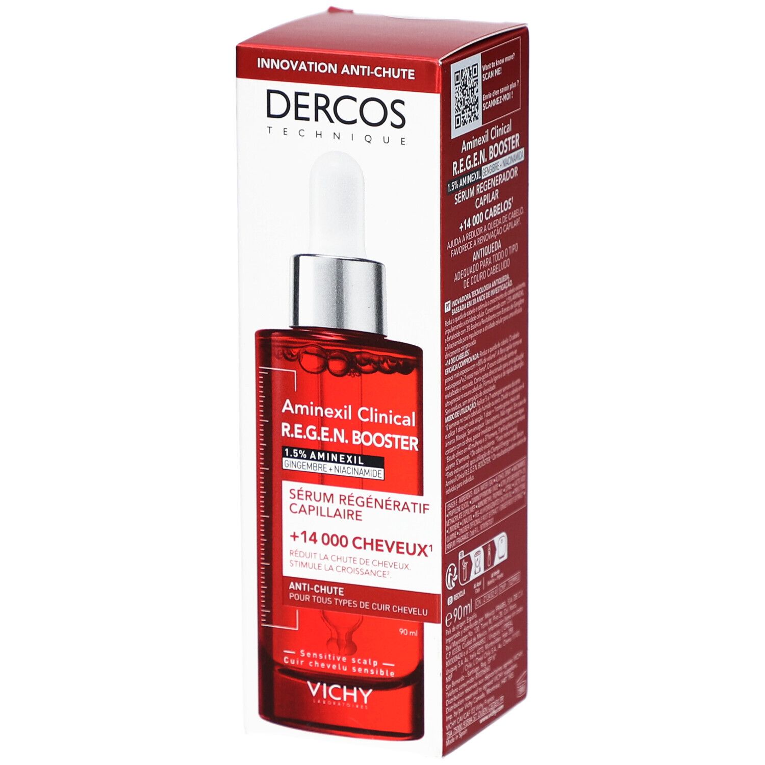 Flacon rouge avec compte-gouttes et emballage. Inscription : DERCOS, Aminexil Clinical R.E.G.E.N. Booster.