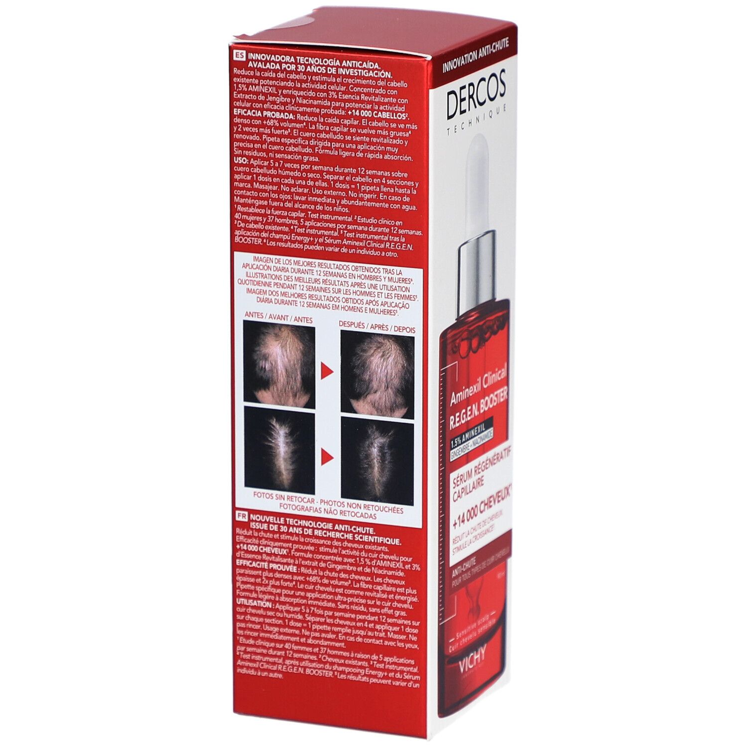 Emballage avec flacon de produit. Texte : DERCOS, Aminexil Clinical R.E.G.E.N. Booster. Images de cheveux.