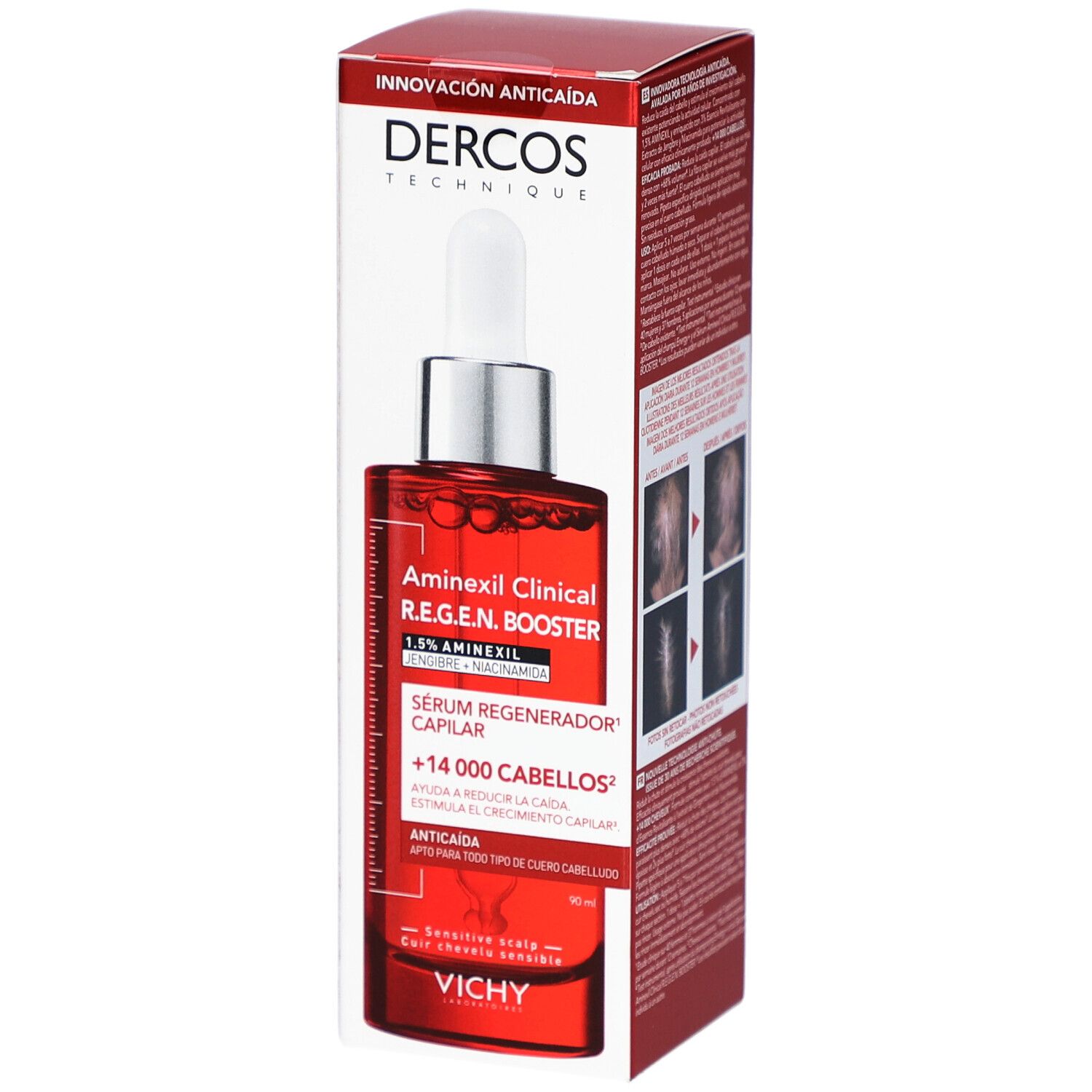 Flacon rouge avec compte-gouttes et emballage. Inscription : DERCOS, Aminexil Clinical R.E.G.E.N. Booster. Images.