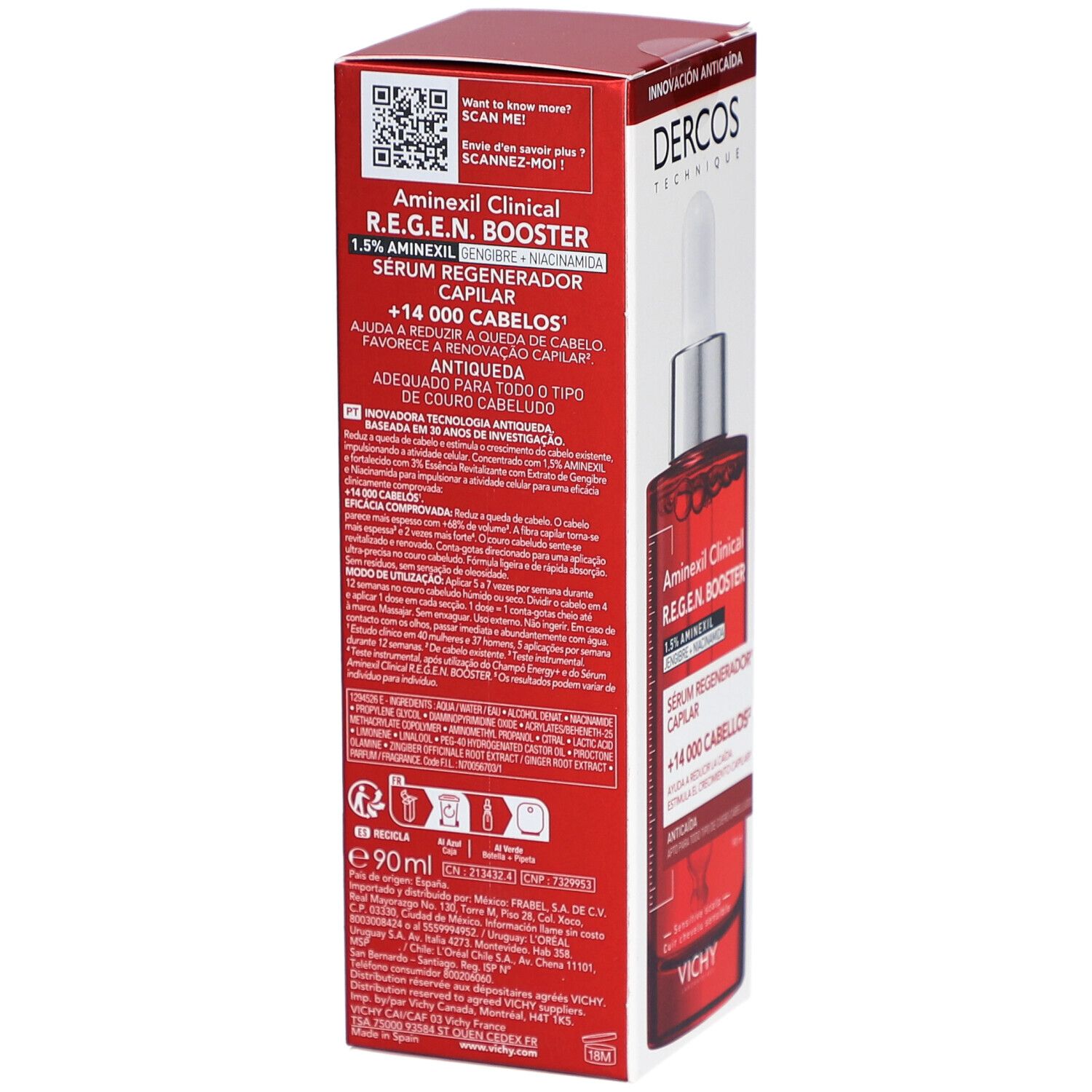 Emballage avec flacon. Texte : DERCOS, Aminexil Clinical R.E.G.E.N. Booster. Code QR et informations.
