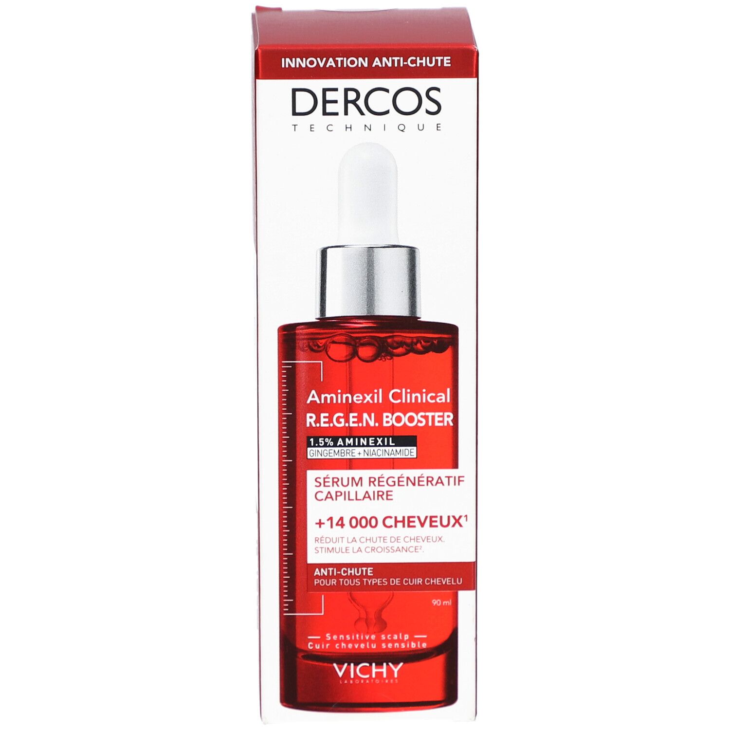 Flacon rouge avec compte-gouttes et emballage. Inscription : DERCOS, Aminexil Clinical R.E.G.E.N. Booster. Logo Vichy.