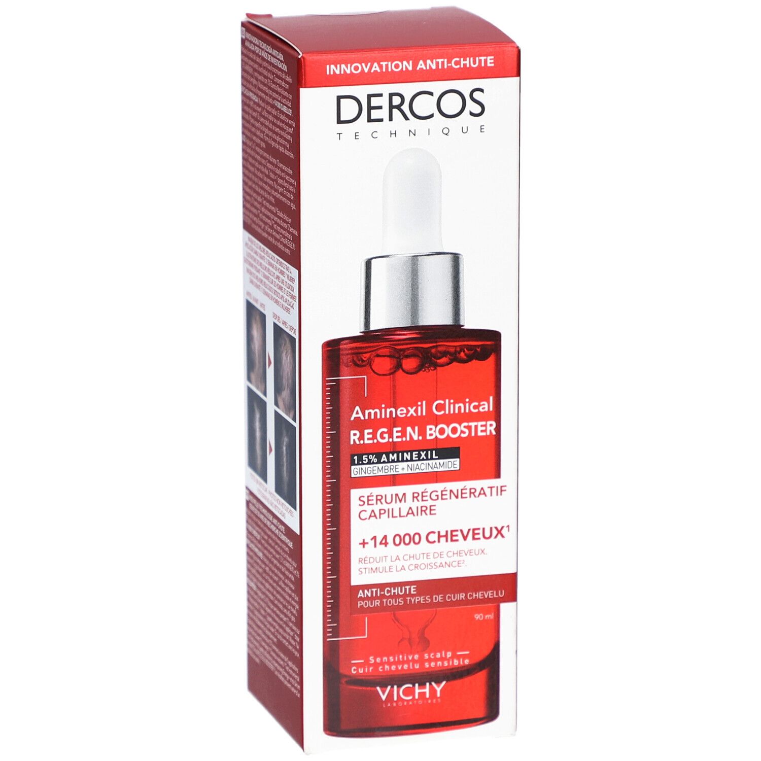 Flacon rouge avec compte-gouttes et emballage. Inscription : DERCOS, Aminexil Clinical R.E.G.E.N. Booster. Images.