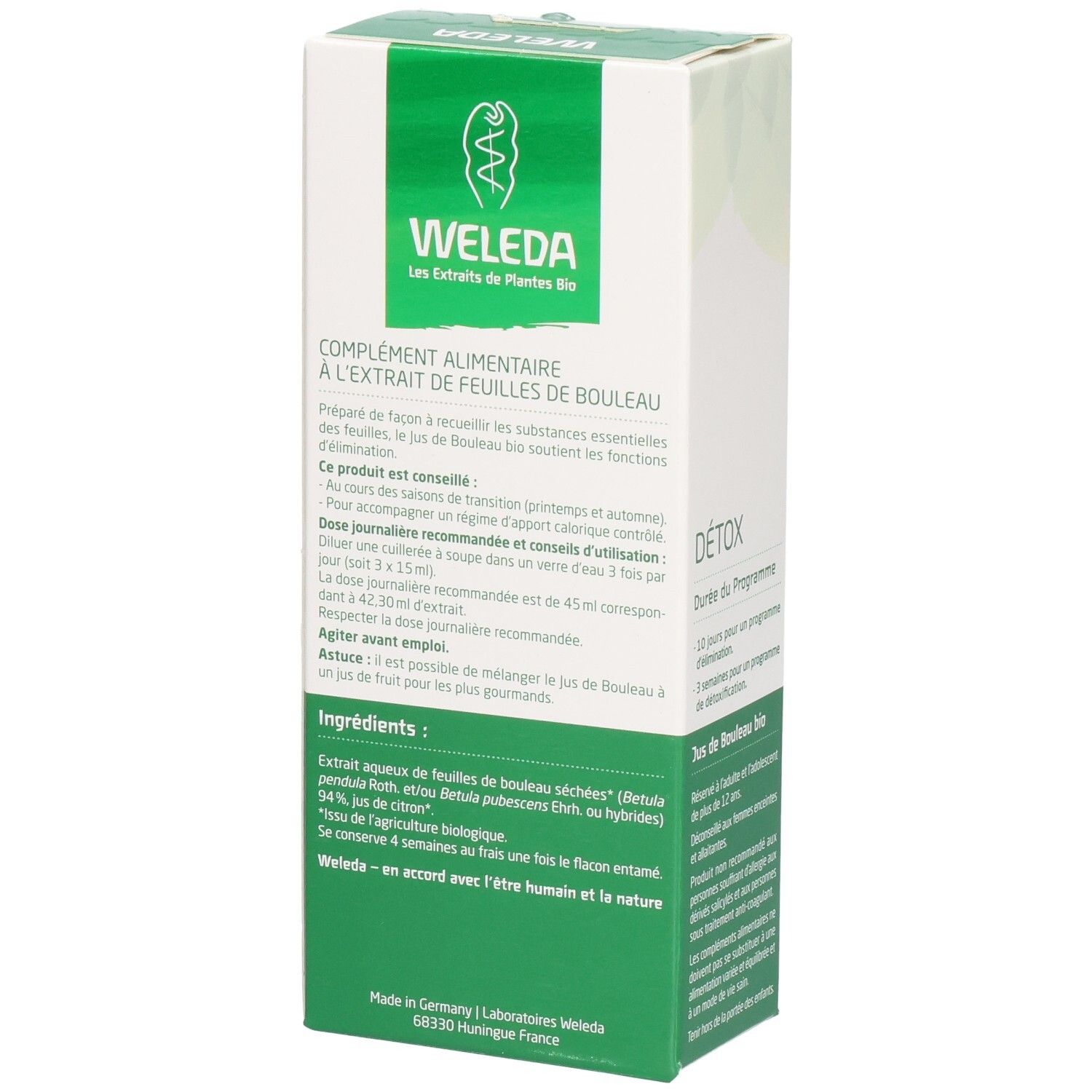 Jus de Bouleau bio Weleda: Liste des ingrédients avec extraits de feuilles de bouleau bio.