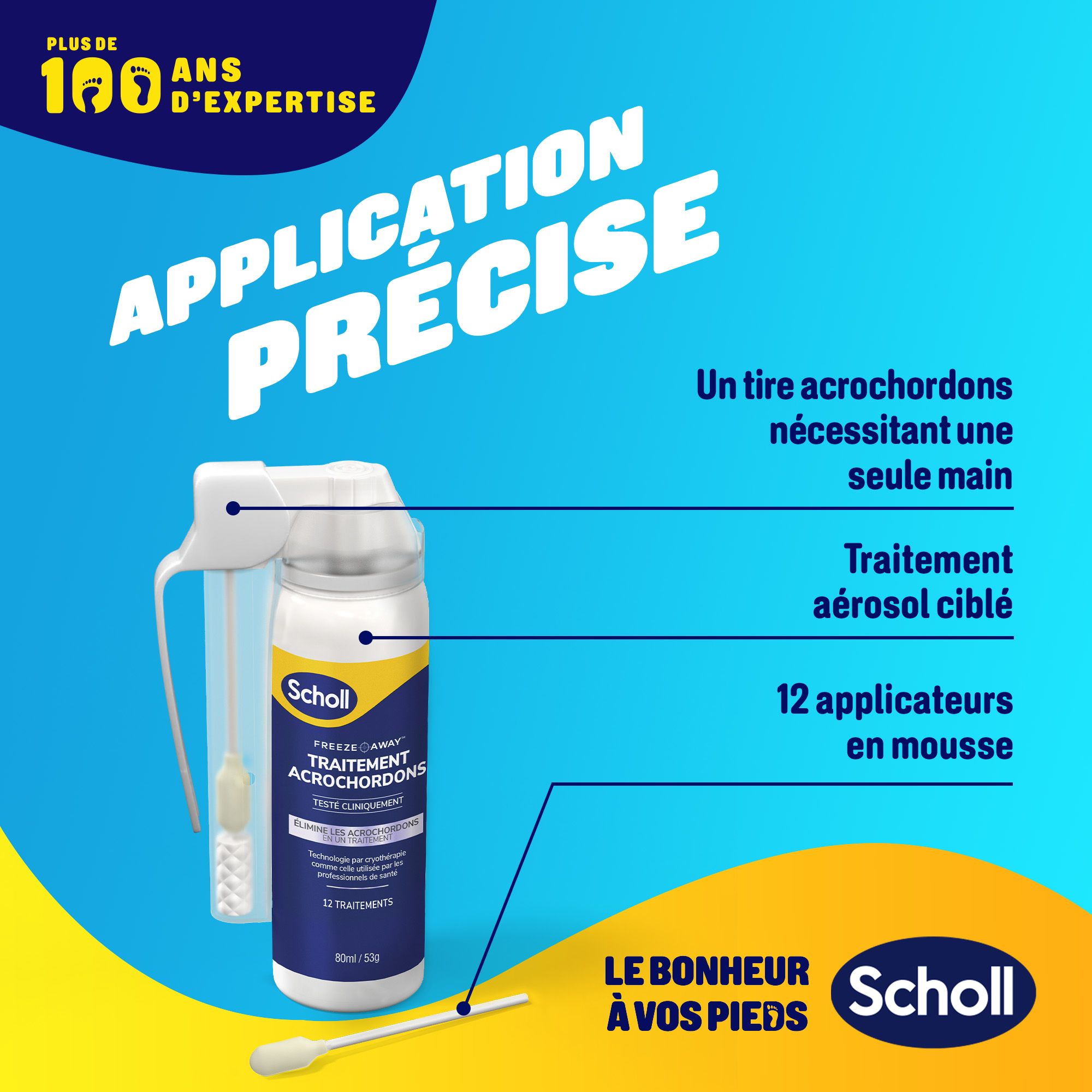 Produit et accessoires. Texte : APPLICATION PRÉCISE. Aérosol, applicateur, 12 applicateurs en mousse. Marque : Scholl.