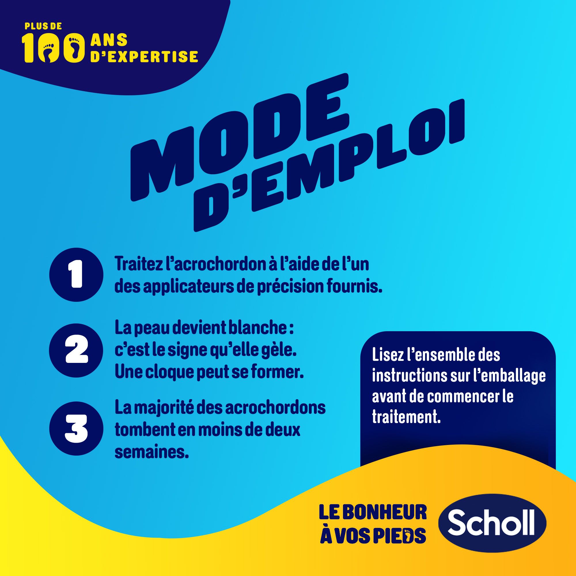 Graphique bleu et jaune. Texte : MODE D'EMPLOI. 3 étapes : applicateur, la peau devient blanche, une cloque peut se former.
