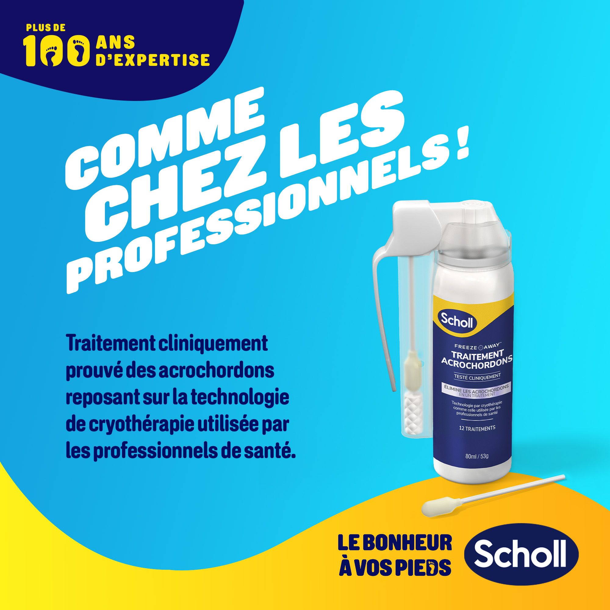 Produit et accessoires. Texte : COMME CHEZ LES PROFESSIONNELS ! Aérosol, applicateur. Marque : Scholl.